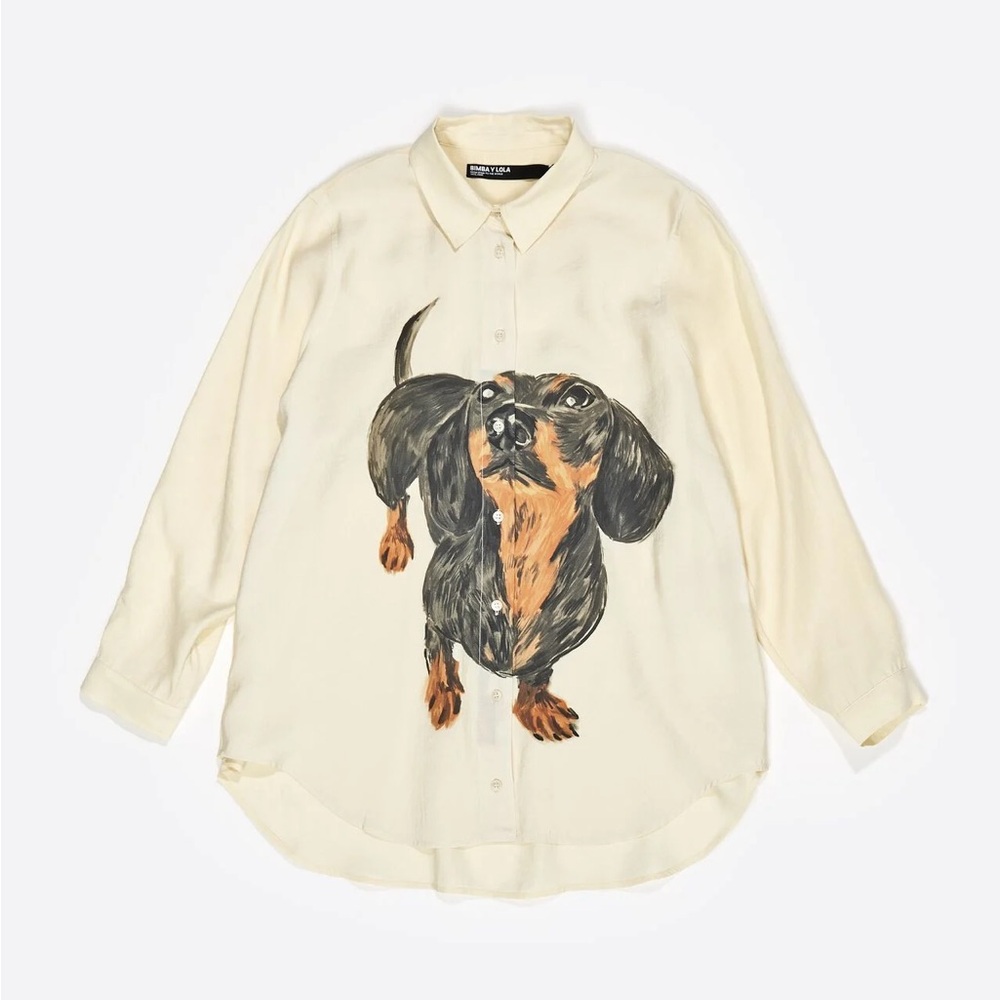 Cream Dog Print Button Down Shirt